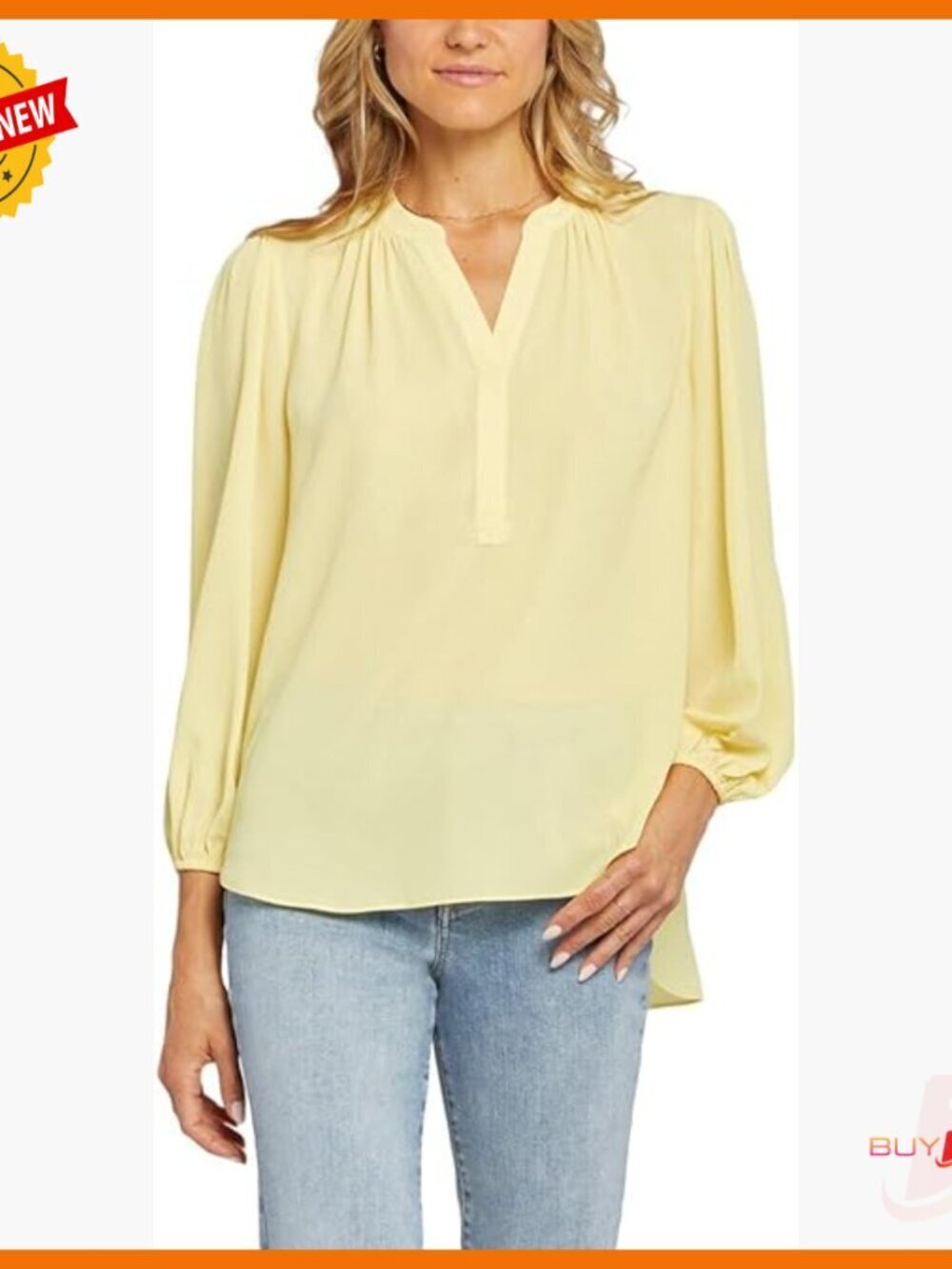 Puff Sleeve Popover Top, Relaxed Fit, 3/4 Sleeves, Split Neckline